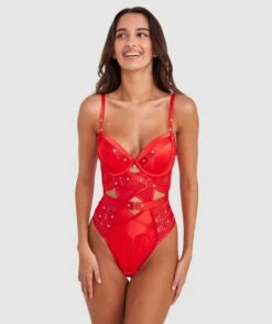 Vamp Don't You Dare Push Up Bodysuit - Red -BRAS N THINGS Shop vamp don t you dare push up bodysuit red 01486301 4